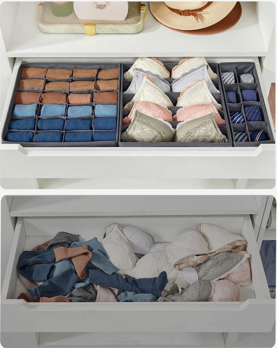 Ondergoedorganizer, 8-delige set, lade-organizer, opvouwbaar, opbergsysteem kledingkast, opbergdoos, stoffen dozen opslag, voor beha's, sokken, stropdassen, grijs