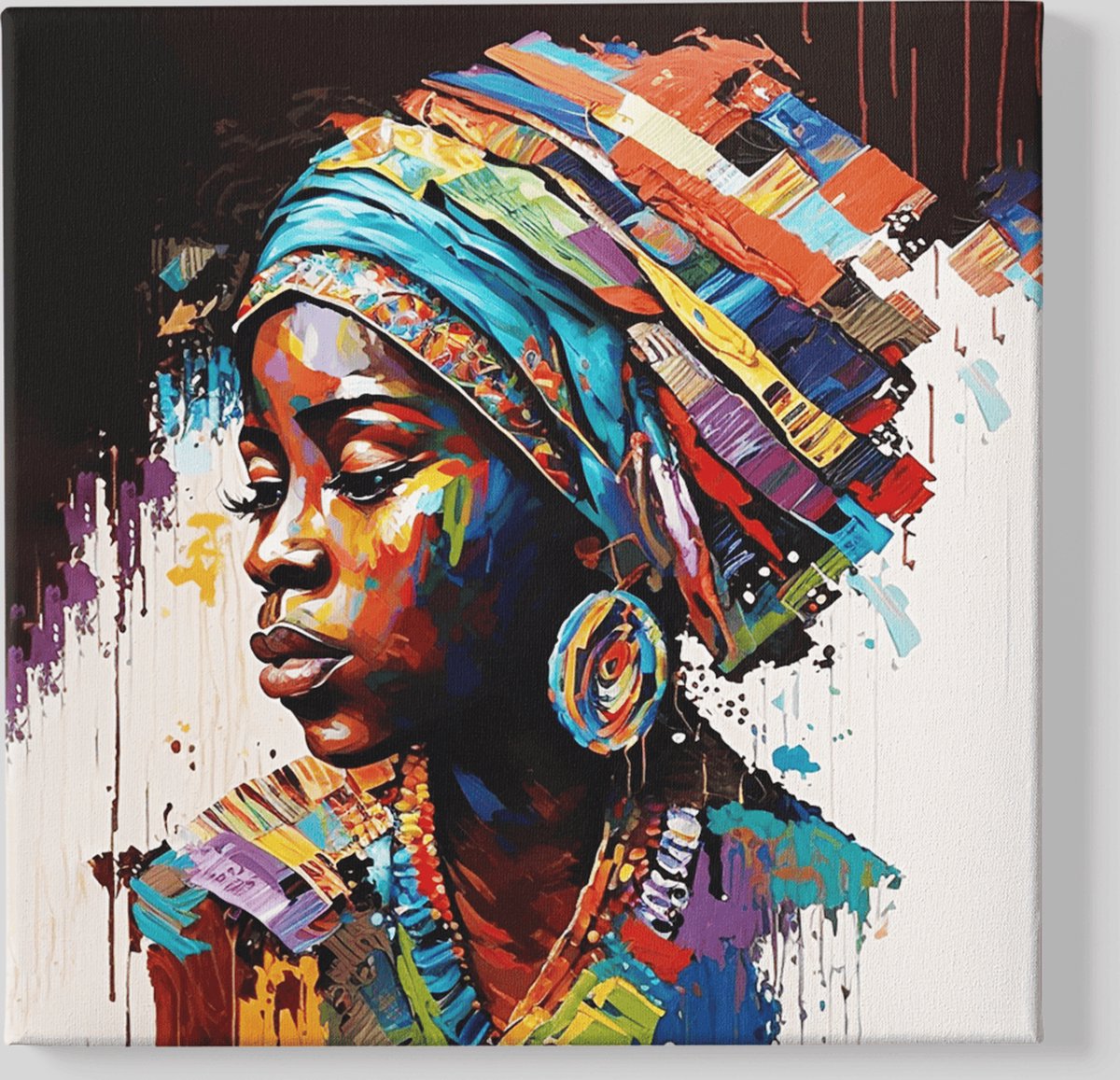 Canvas Schilderij - Afrikaanse Vrouw - Portret - Wall Art - 40x40x2 cm