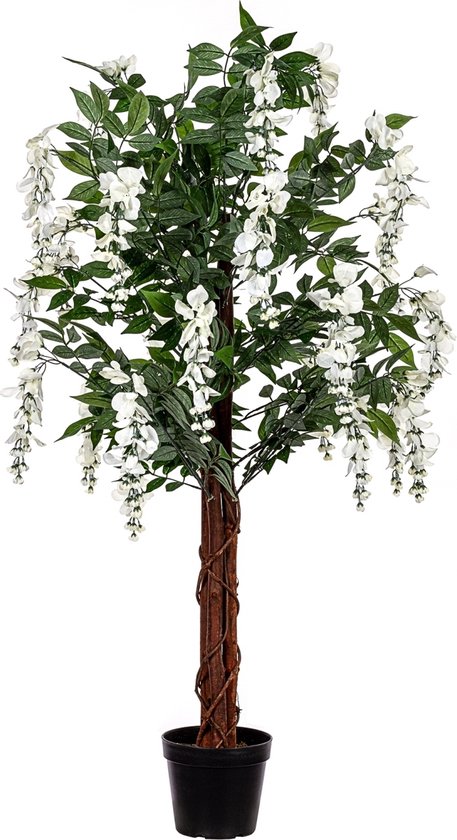 Kunstplanten voor binnen - Kamerplanten - Kunstplant - Nep planten - Kunstboom - Wisteria - Inclusief plantenpot - Inclusief decoratie mos - Palmhout - Textielvezel - Groen - Crème - 120 cm