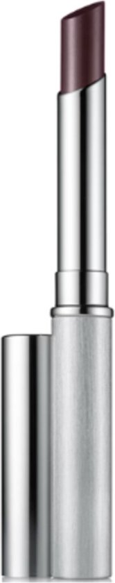 Een zilverkleurige lipstick met zilverkleurige dop, de lipstick is donkerpaars.