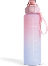 Family Sport - Waterfles Roze/Blauw - 1 Liter Drinkfles - Waterfles met Rietje - Waterfles met tijdmarkering - BPA Vrij - Volwassenen - Kinderen - Met Hydration Challenge