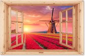 Tuinposter doorkijk bloemen - Lichtbruin raam - Tuindecoratie tulpen - 120x80 cm - Poster voor in de tuin - Buiten decoratie Holland - Schutting tuinschilderij roze - Tuindoek muurdecoratie windmolen - Wanddecoratie balkondoek