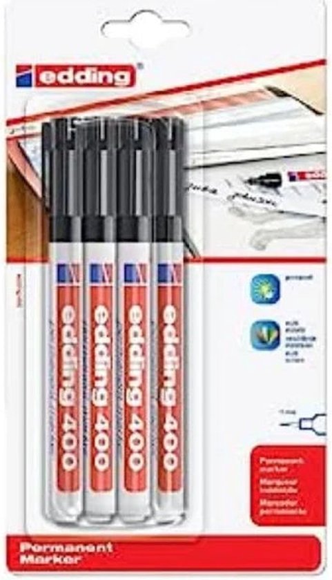 edding 400 Marqueur permanent - noir - 4 stylos - pointe ronde fine 1 mm - sèche vite, résiste à l'eau et aux frottements - pour carton, plastique, bois, métal, verre