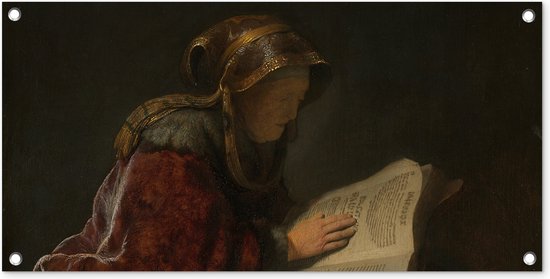 Tuinposter Oude lezende vrouw waarschijnlijk de profetes Hanna - Rembrandt van Rijn - 80x40 cm - Wanddecoratie Buiten - Tuinposter - Tuindoek - Schuttingposter - Tuinschilderij