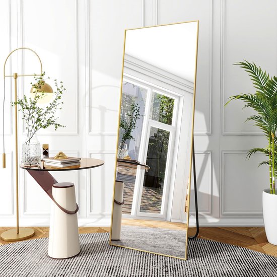 144 × 45 cm staande spiegel, grote full-body spiegel met aluminium frame voor slaap-, woon- en badkamerspiegel, goud