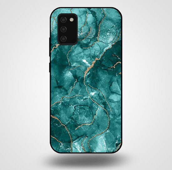 Coque de téléphone pour Samsung Galaxy A03s avec un imprimé marbre vert et doré.
