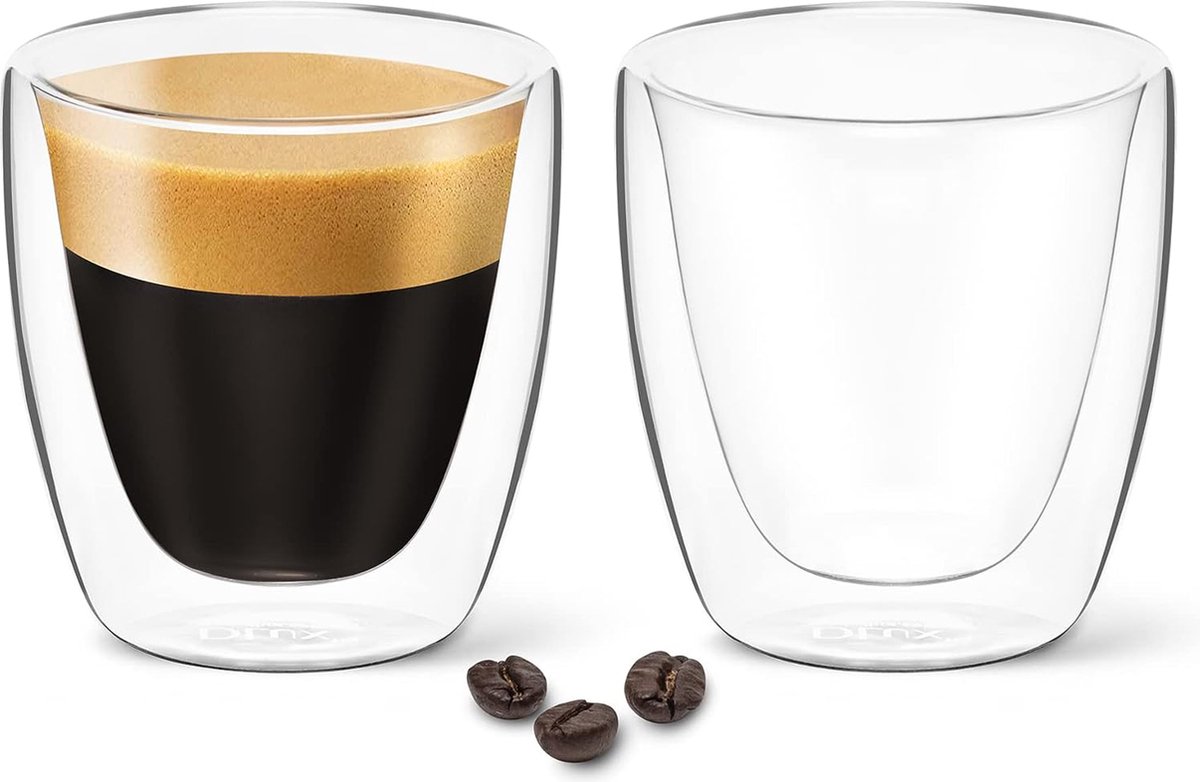 DLux Set van 2x 90ml espresso koffiekopjes- dubbele laag helderglazen geïsoleerd Borosilicaat glaswerk
