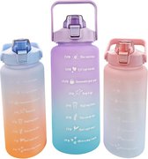 Waterfles 2 L, 2 liter waterfles met rietje, BPA-vrije waterfles 2 liter met tijdmarkering, lekvrije sportfles sportfles voor fitness kamperen yoga (paars blauw)