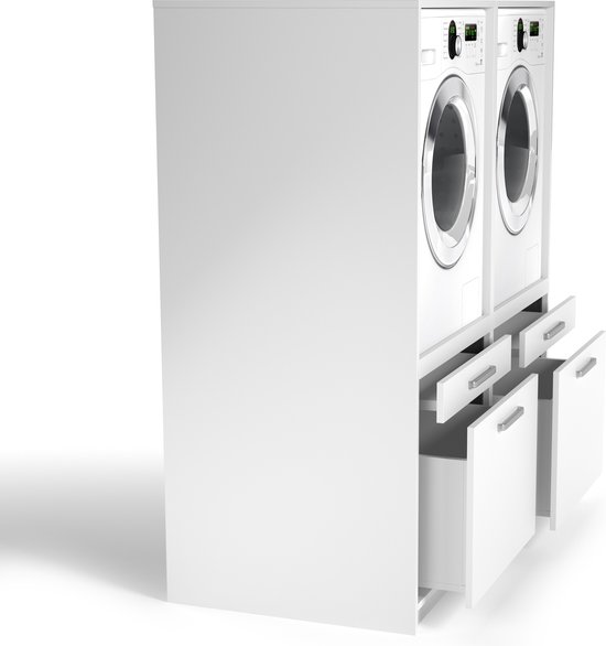 Wasophoogte® Wasmachine Kast Due - Wasmachine verhoger - Wasmachine ombouw / -opbouwmeubel - Multiplex - 700(D)*1352(B)*1580(H) mm - Wit - Wasophoogte