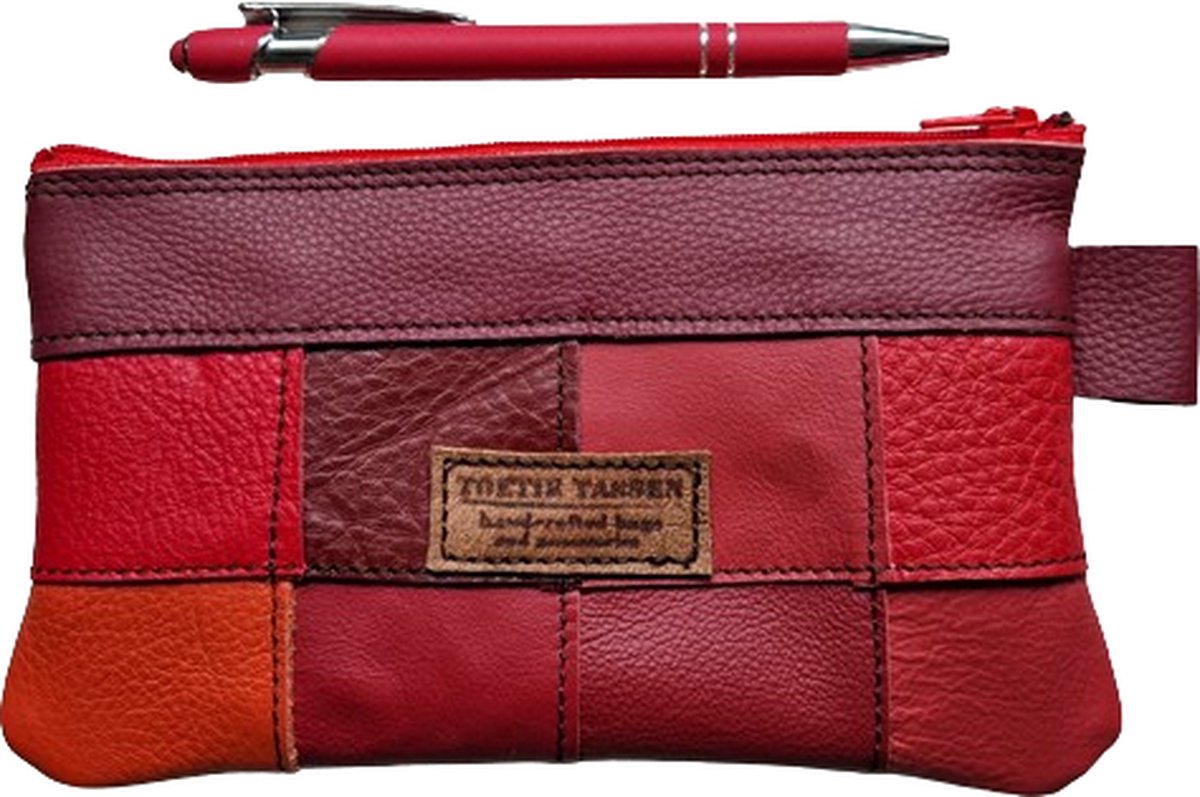 Toetie & Zo - Handgemaakte Etui - Leer - Rood - Oranje - Patchwork - Telefoontas - Makeuptas - Pennenetui - Medicijnhoesje
