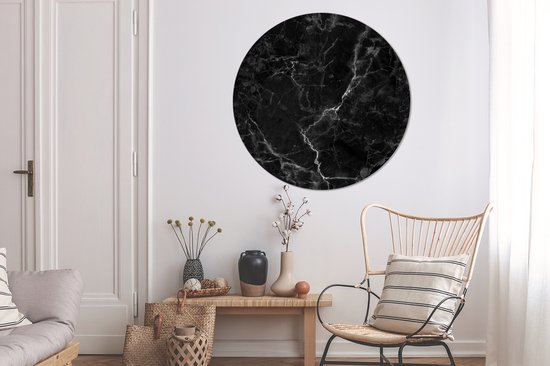 WallCircle - Stickers muraux - Cercle de papier peint - Marbre - Zwart - Wit - Texture - Aspect marbre - 120x120 cm - Cercle mural - Autocollant - Sticker papier peint rond XXL