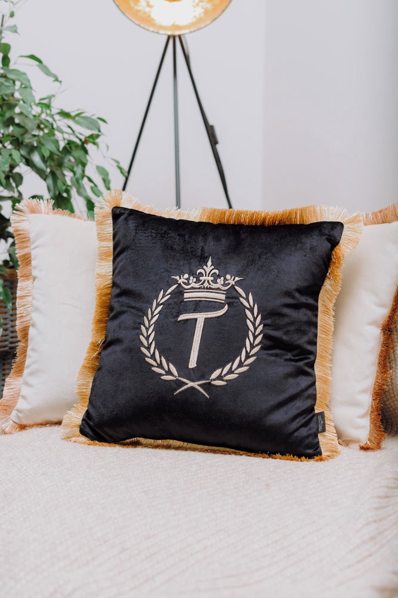 Embroidered pillow / personalised pillow / monogram pillow / decorative cushion 40x 40 black velvet letter T