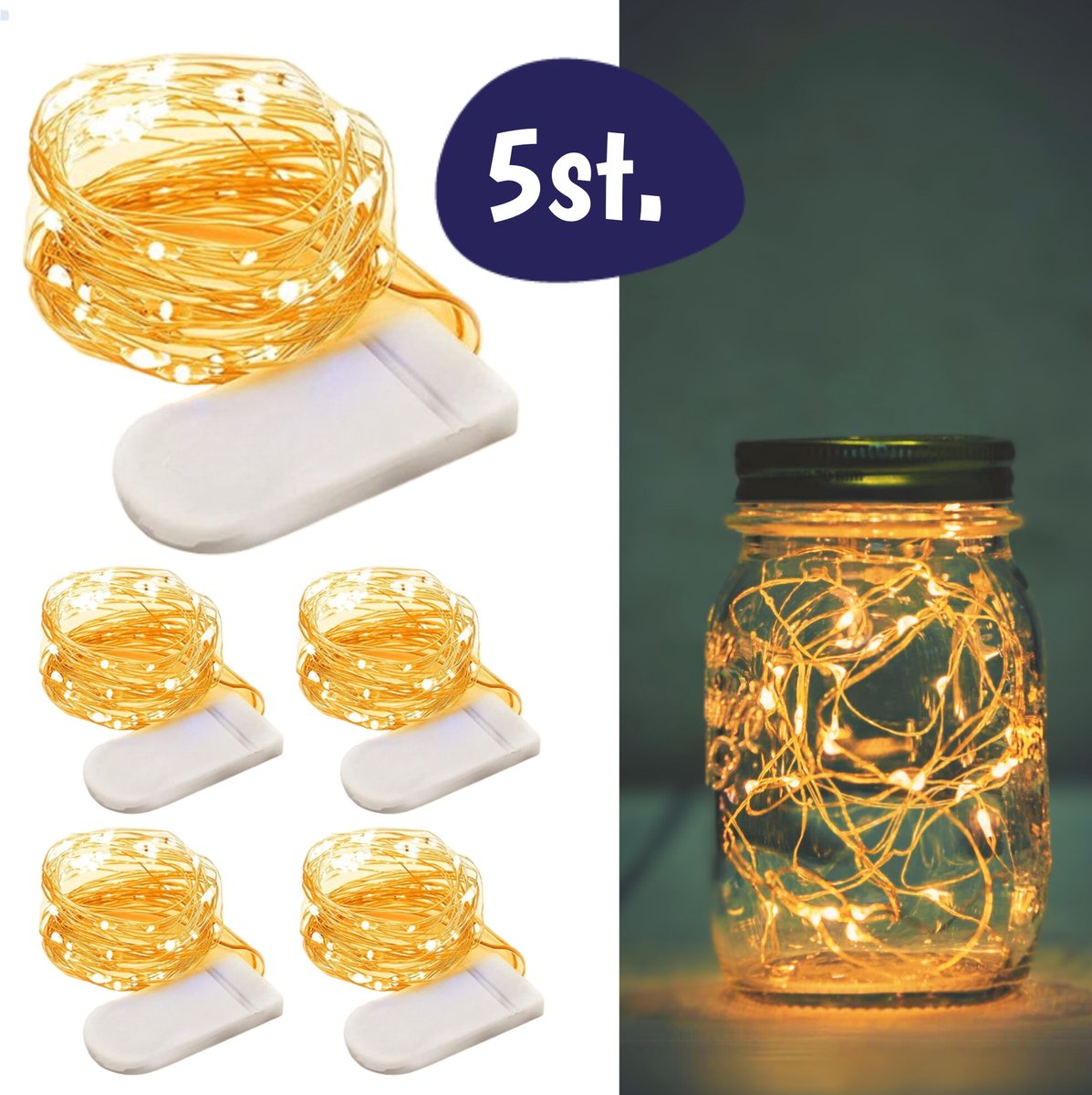 Fairy Lights - 5 Stuks van 2m - Lichtjes Slinger - Warm Wit - Met Batterij - Kersverlichting op Batterij - Lichtsnoer - Lichtslinger - LED Lights - Draadverlichting - Bedroom Kamer Decoratie
