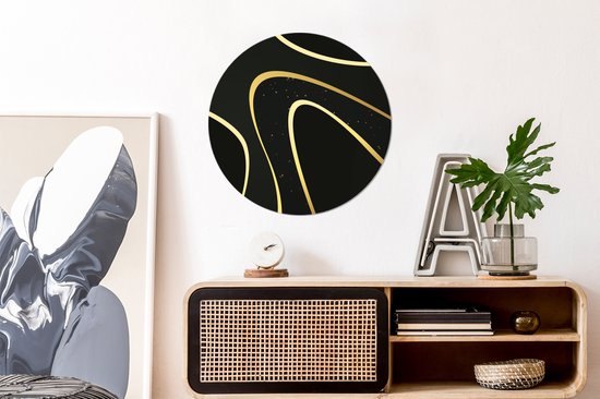 WallCircle - Stickers muraux - Cercle de papier peint - Vagues dorées sur fond noir - 50x50 cm - Cercle mural - Autocollant - Sticker papier peint rond