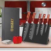 HIBBY - Bloc à couteaux - Couteaux japonais - Couteau Damas - Couteau de chef 5 pièces - Protège doigts - Aiguiseur de couteaux - Rouge