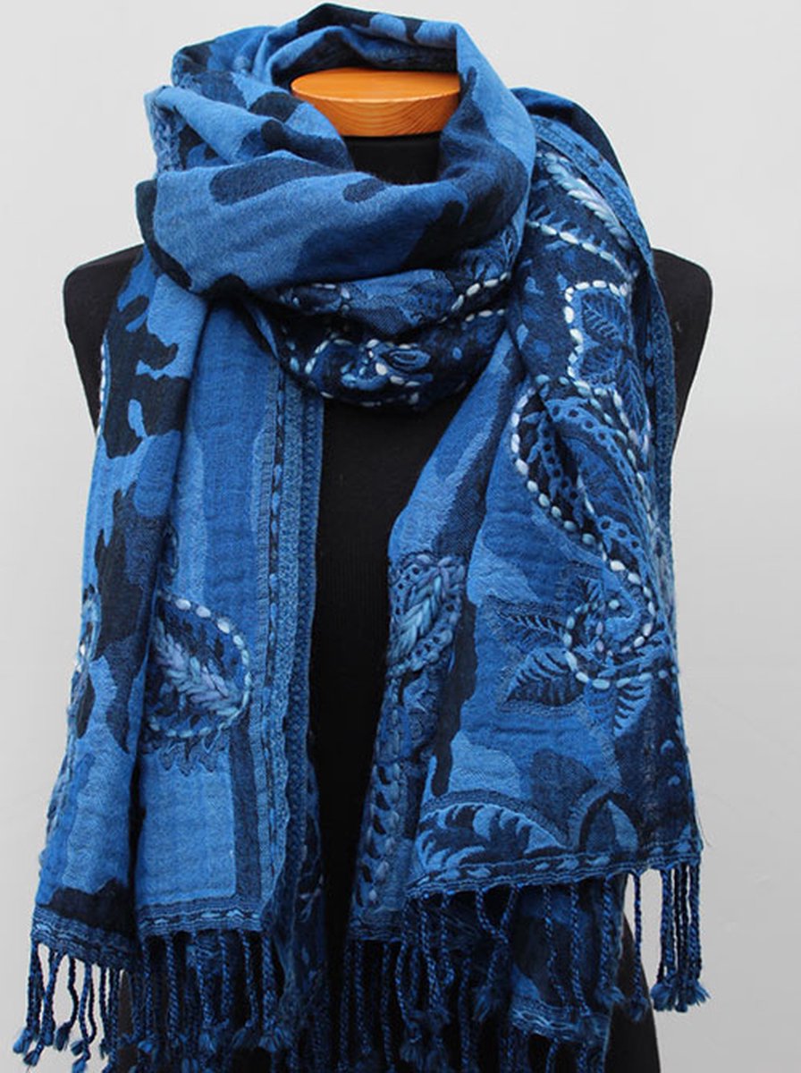 Wollen geborduurde sjaal en omslagdoek Blauw-Bloem
