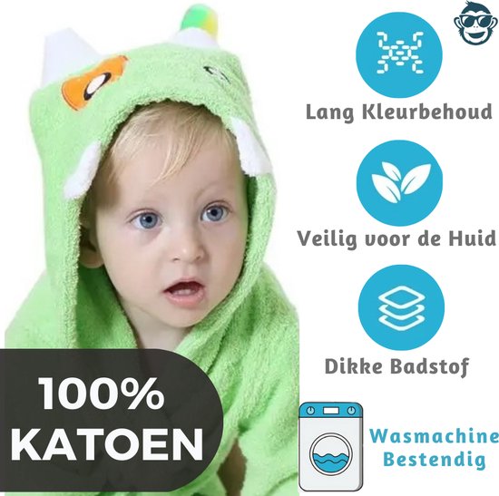 BoefieBoef Monster Kinder Badjas Baby & Peuter 0-2 Jaar (Max 85 cm) - Zacht Katoen Badstof met Dieren Capuchon - Absorberende Ochtendjas Handdoek voor Jongens & Meisjes - Zwemles, Carnaval, Verjaardag & Kraamcadeau - Perfect na Bad & Zwemmen - Groen van BoefieBoef — afbeelding 2