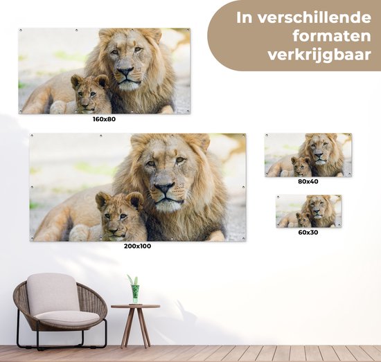 Affiche de clôture Lion - Cub - Portrait - 200x100 cm - Toile de jardin