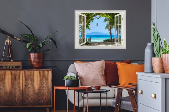 Stickers muraux - Film autocollant - Transparent - Arbre - Mer - Palmier - Collines - Plage - Blauw - 80x60 cm - Film adhésif - Stickers muraux Chambre d'enfant - Papier peint autocollant - Papier peint autocollant - Film autocollant