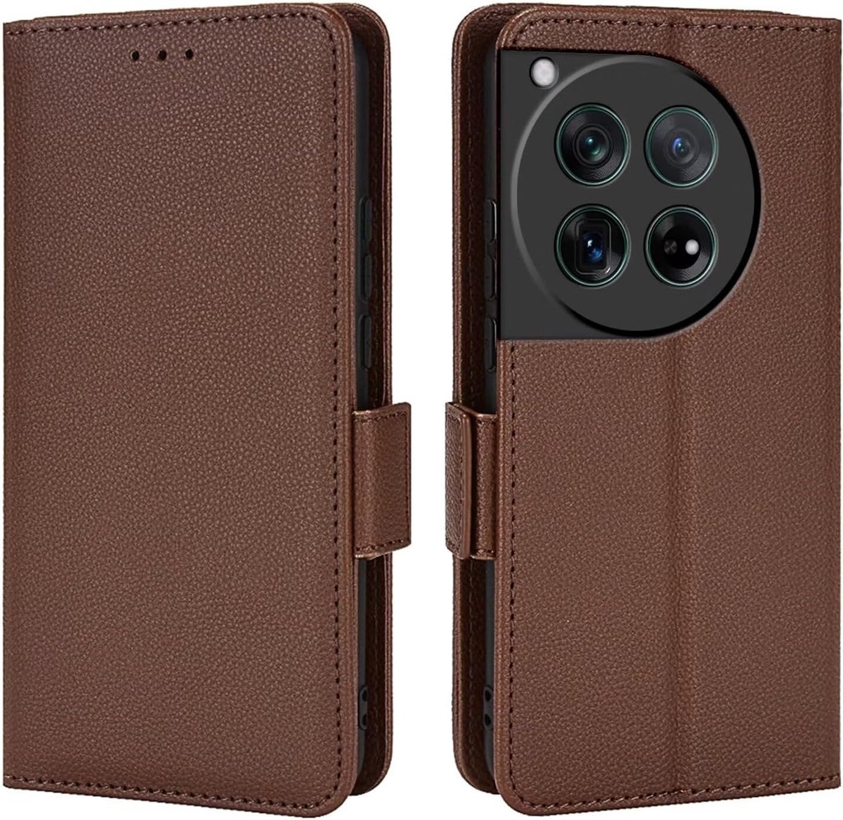 Geschikt voor Oneplus 12 5G - PU Leer - Schokbestendig - Book Case Hoesje - Bruin