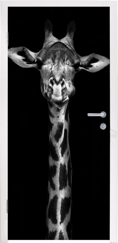 Sticker pour porte Girafe - Portrait - Animaux - Zwart - Wit - 90x215 cm - Affiche de porte