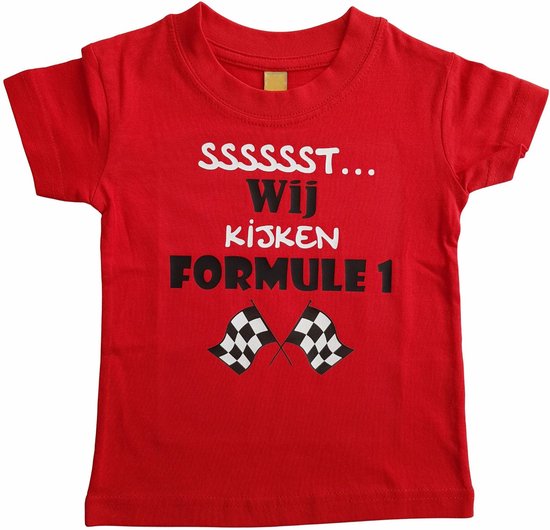 Rood baby t-shirt met "Sssssst... Wij kijken Formule 1" - 12 tot 18 maanden - babyshower, zwanger, cadeautje, kraamcadeau, grappig, geschenk, baby, tekst, bodieke, vaderdag, verjaardag, opa en oma dag