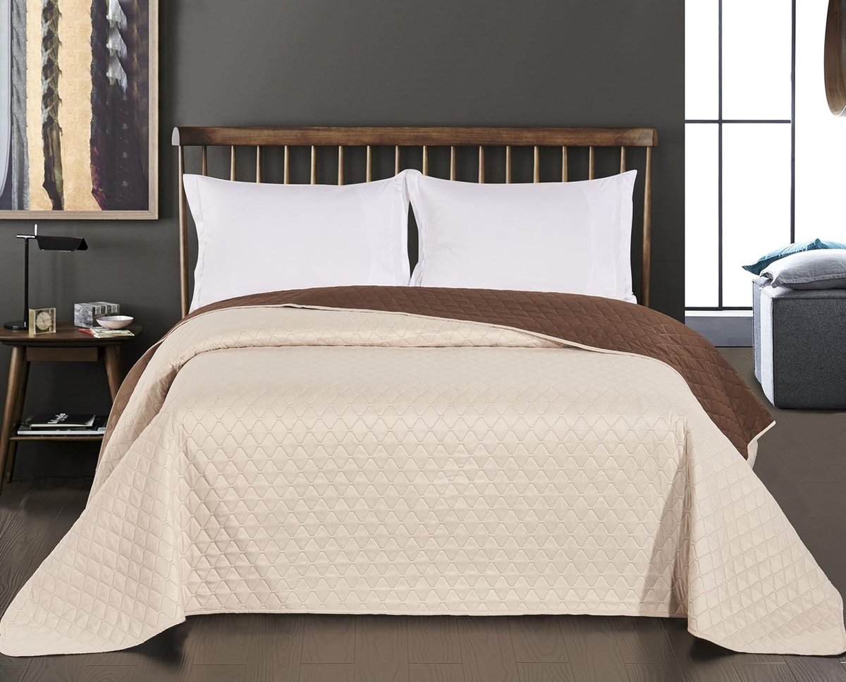 DecoKing - Sprei, bedsprei, 200x220 cm - doorgestikte sprei, tweezijdig, reliëfpatroon, ruiten - crème/bruin 200x220 cm