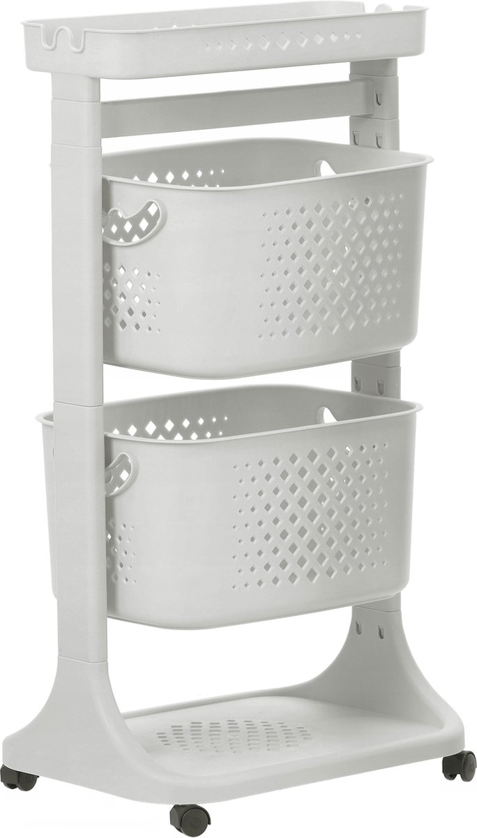 Lichtgrijze Stellingkast op Wielen met Twee Manden en Planken, 81x44x34cm.