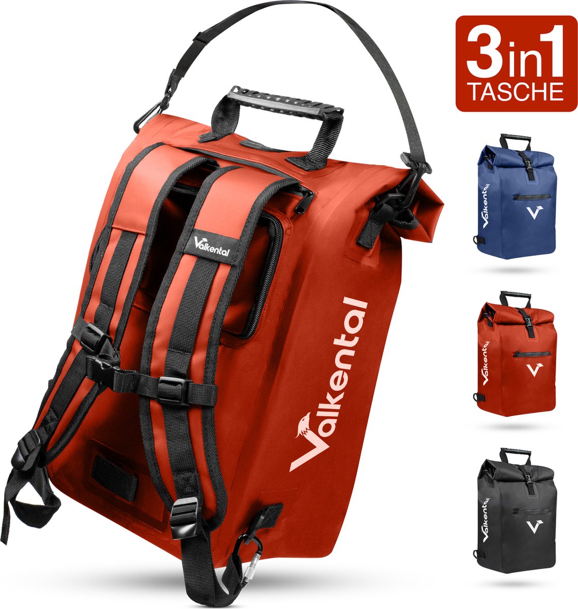 Valkental - 3in1 fietstas - Rood - Geschikt als bagagetas, rugzak en schoudertas - Waterdicht & Reflecterend - 23L
