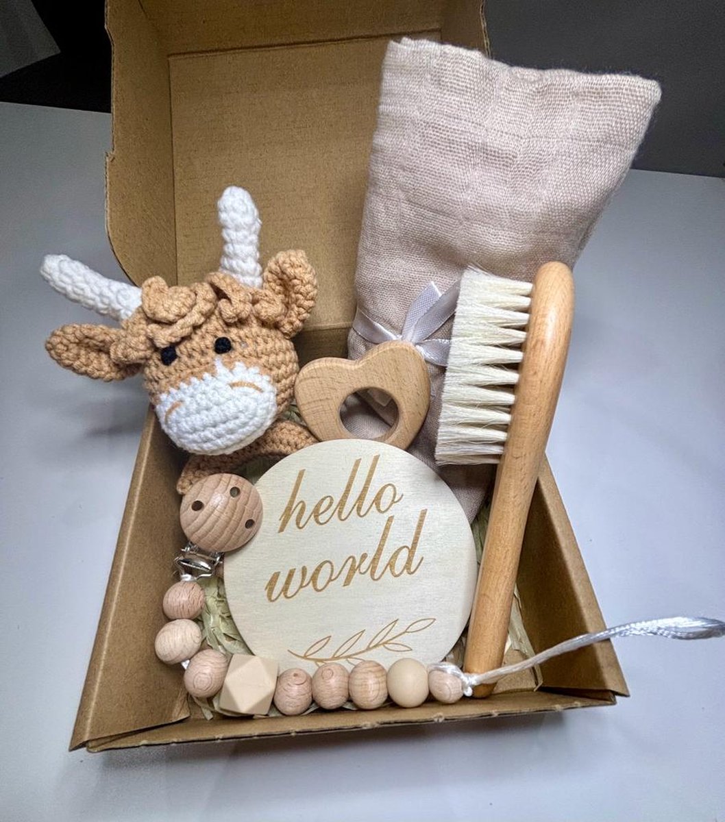 Playos® - Baby Giftset - Koe - Taupe - 6 delig - Kraamcadeau - Bijtring - Speenkoord - Babyshower - Geschenkset Baby - Baby Speelgoed - 0 Jaar - Geboortecadeau