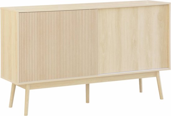 Sideboard van houtdecor met een gladde en een gegroefde schuifdeur, op schuine pootjes, schuin aanzicht.