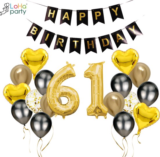 Loha-party®Folie ballon cijfer 61 -XXL cijfer 6 en XXL cijfer 1-Gouden 61-Gouden hartje Folie ballonnen-61e verjaardag decoratie-“happy birthday”slinger-Versiering-Trouwdag-Feestpakket-Herdenkingsdag Decoratie kit-101cm（40inch）