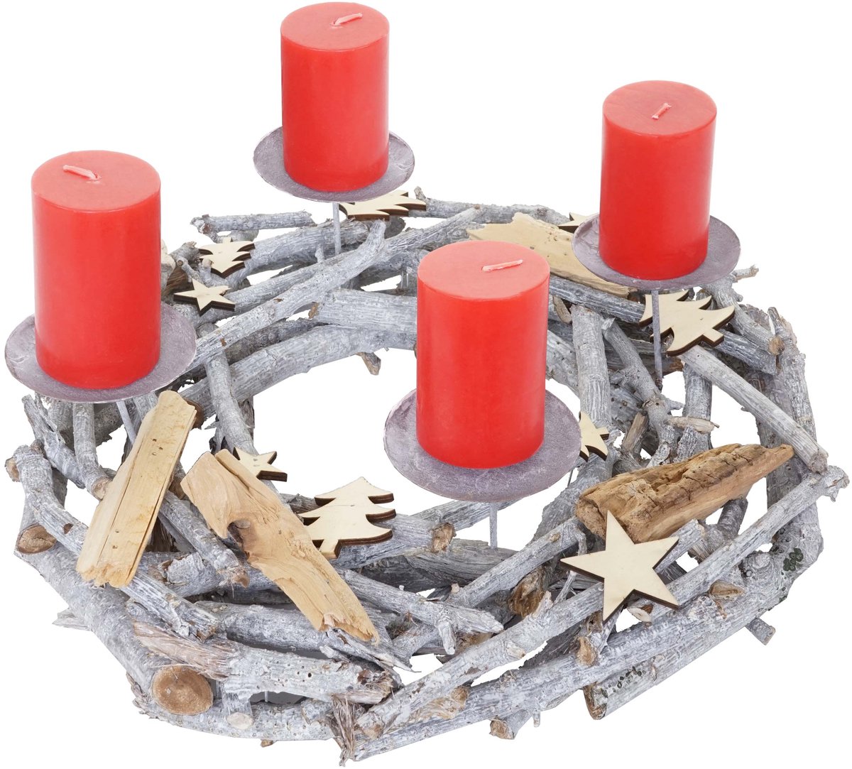 Cosmo Casa Adventskrans rond - Kerstdecoratie tafelkrans - Hout Ø 40 cm grijs - Met kaarsen - Rood