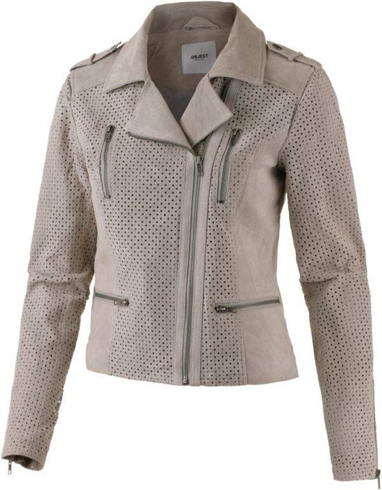 Objstella jacket- Object Stijlvolle leren jacket- Object Dames leren jas, grijs -Maat M