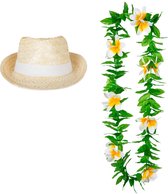 Carnaval verkleed set - Tropische Hawaii party - Ibiza strohoedje - en bloemenkrans groen/wit - voor volwassenen