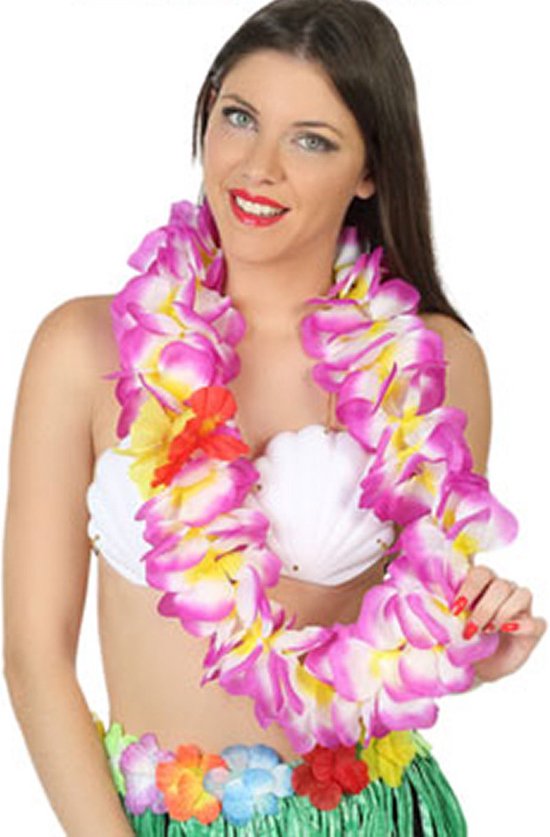 Toppers - Ensemble de déguisement de carnaval - party tropicale hawaïenne - chapeau de paille - avec guirlande de fleurs complètes en violet - pour adultes