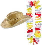 Carnaval verkleed set - Tropische Hawaii party - stro beach hoed - met gekleurde bloemenslinger
