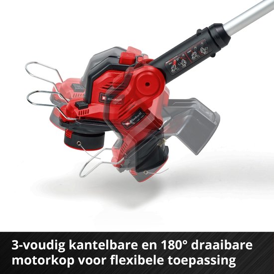 Rode en zwarte motorkop van een accugrasmaaier in verschillende posities, met 180° draaibare en 3-voudig kantelbare functie.