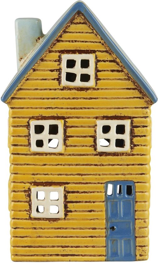IB Laursen - Keramieken huisje - Waxinelichthouder - Thorshavn - Geel blauwe deur