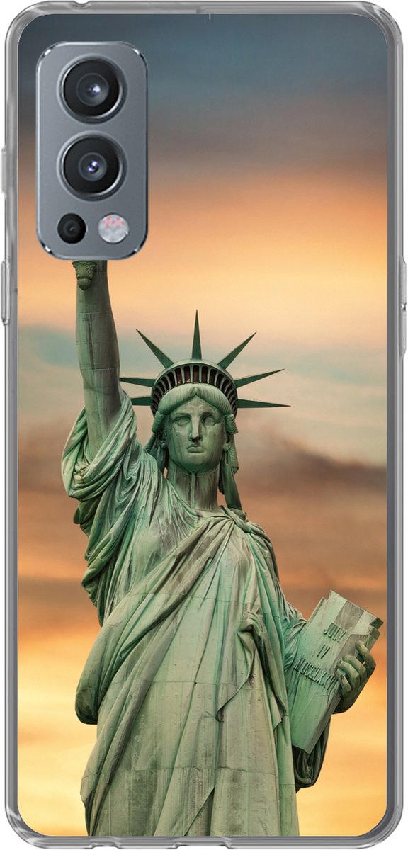 Telefoonhoesje Geschikt voor OnePlus Nord 2 5G hoesje - New York - Vrijheidsbeeld - Zonsondergang - Siliconen Telefoonhoesje Telefoonhoesje