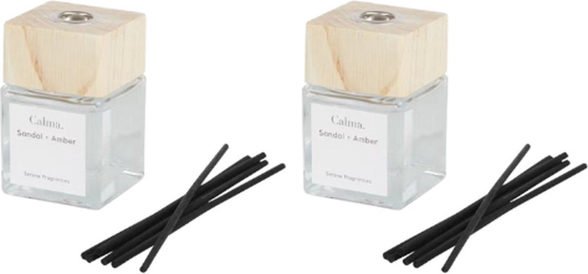 Goedkoopste Luxe Geurverspreider WOODEN CUBE - ' Sandal / Amber ' - Glas / Hout - 50 ml - Set van 2 - Geurstokjes / Diffuser met houten dop - Serene Fragrance