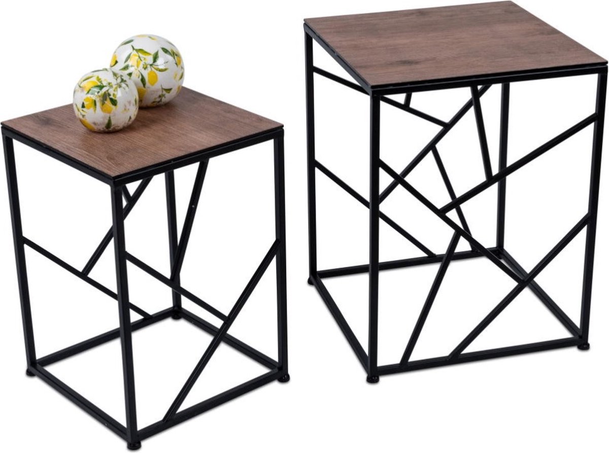 Boltze Bijzet tafel - 2set - Smeedijzer - 32x46cm - 40x53cm - Krasvrij glasplaat - Houtnerf bruin - Zwart - Bruin - Boltze