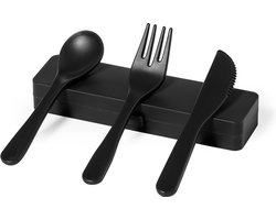 Bestek - Bestekset - Camping bestek - Duurzaam - Met opbergdoosje - Gerecycled polypropyleen - 3-delig - Zwart
