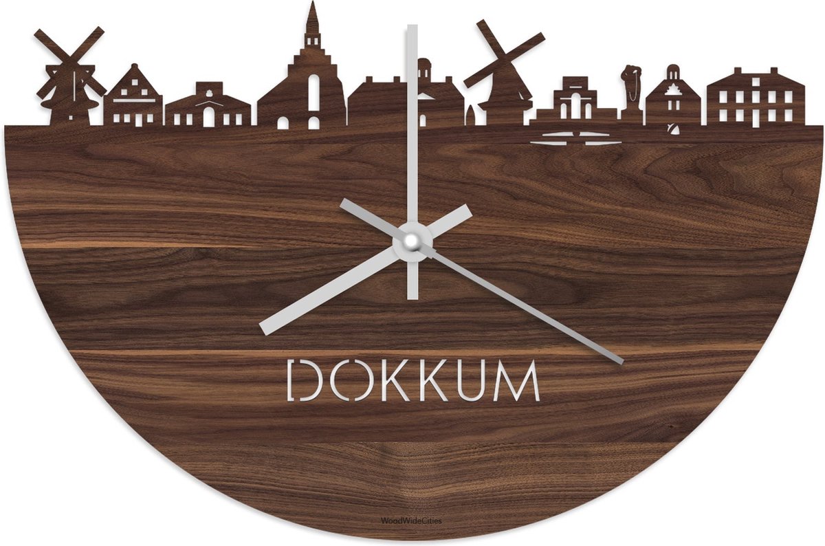 Skyline Klok Dokkum Notenhout - Ø 40 cm - Stil uurwerk - Wanddecoratie - Meer steden beschikbaar - Woonkamer idee - Woondecoratie - City Art - Steden kunst - Cadeau voor hem - Cadeau voor haar - Jubileum - Trouwerij - Housewarming - WoodWideCities