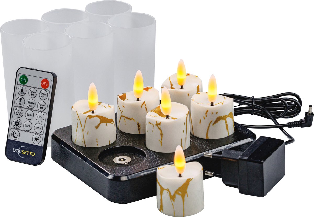 3D oplaadbare LED-Waxine/theelichtjes 175 uur - met Afstandsbediening - 6 stuks - timerfunctie