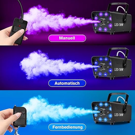 Mistmachine RGB-effect, 13 kleuren, 8 ledlampen, rookmachine, met 2 bedrade en draadloze afstandsbedieningen. - Merkloos