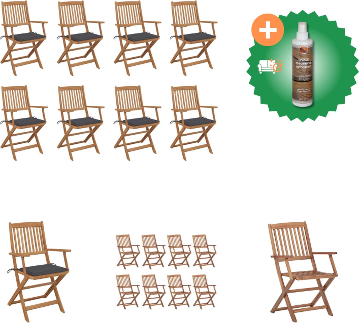 VidaXL Stoelenset Acaciahout Klapstoel 54x57x91 cm Antraciet kussen Tuinstoel Inclusief Houtreiniger en verfrisser