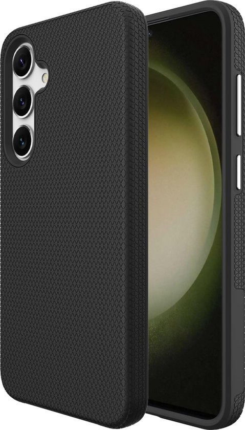 Coque de téléphone Casemania noire sur un téléphone Samsung, avec une vue du module caméra
