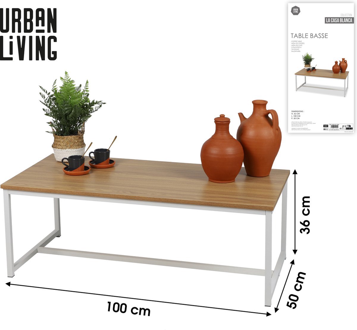 Urban Living - Witte Metalen Salontafel met Houten Blad - Strak Industrieel Design - Rechthoek - 100x50x36cm