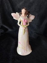 Een prachtig engelen beeld, engel met drie roze tulpen 19x10x6.5 cm Leven / Hoop / Liefde
